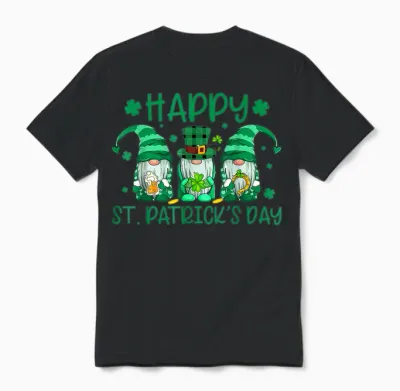 Three Gnomes Holding Shamrock Leopard Plaid St Patrick's Day Unisex T-Shirt - Black