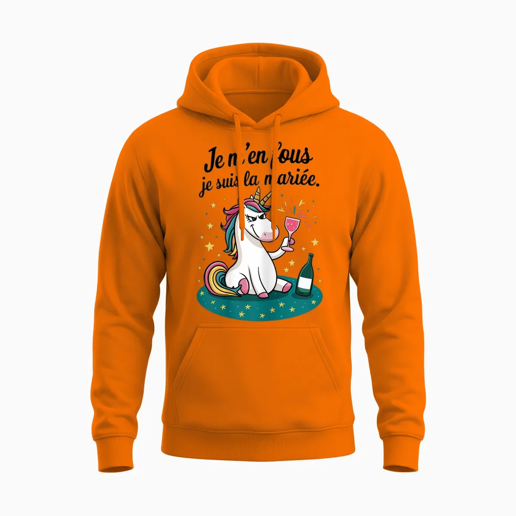 Woman I Don't Care J Am the Bride Bride Evjf Woman Unicorn T-Shirt, White Unisex Hoodie in Safety Orange