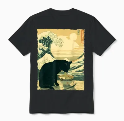 Funny Cat Ramen Great Wave off Kanagawa Illustration Anime Cat Unisex T-Shirt - Black