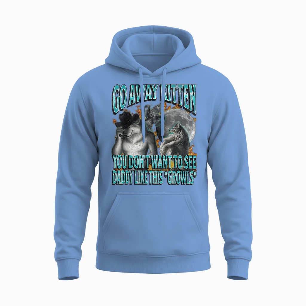 Go Away Kitten Funny Offensive Werewolf Meme Bootleg Graphic T-Shirt, Black Unisex Hoodie in Carolina Blue