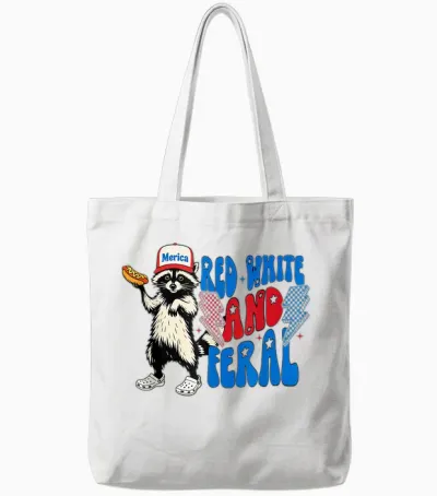 Funny Raccoon 4th of July Patriotic Cute Red White and Feral Tote Bags - White