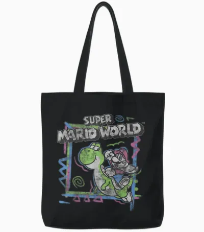 Super Mario World 90's Neon Abstract Nintendo Yoshi Ride Tote Bags - Black