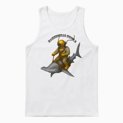 Vintage Helmet Diver Riding a Hammerhead Shark Urm Unisex Tank Top - White
