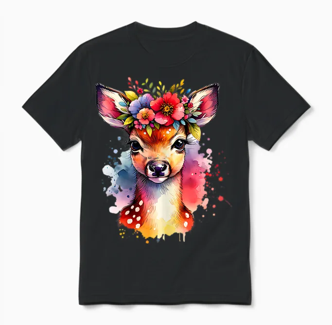 Trachtenshirt Kinder Mädchen Damen Hirsch Rehkitz Trachten Unisex T-Shirt in Black