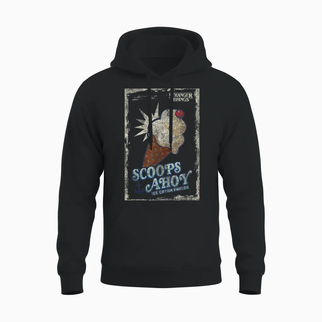Stranger Things Scoops Ahoy Ice Cream Cone Vintage Unisex Hoodie in Black