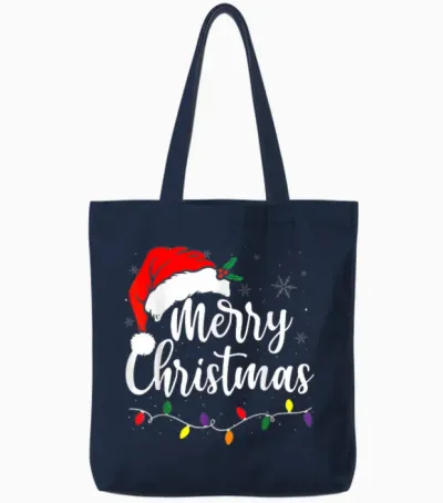 Merry Christmas Lights Red Santa Hat Xmas Family Men Women Tote Bags - Navy
