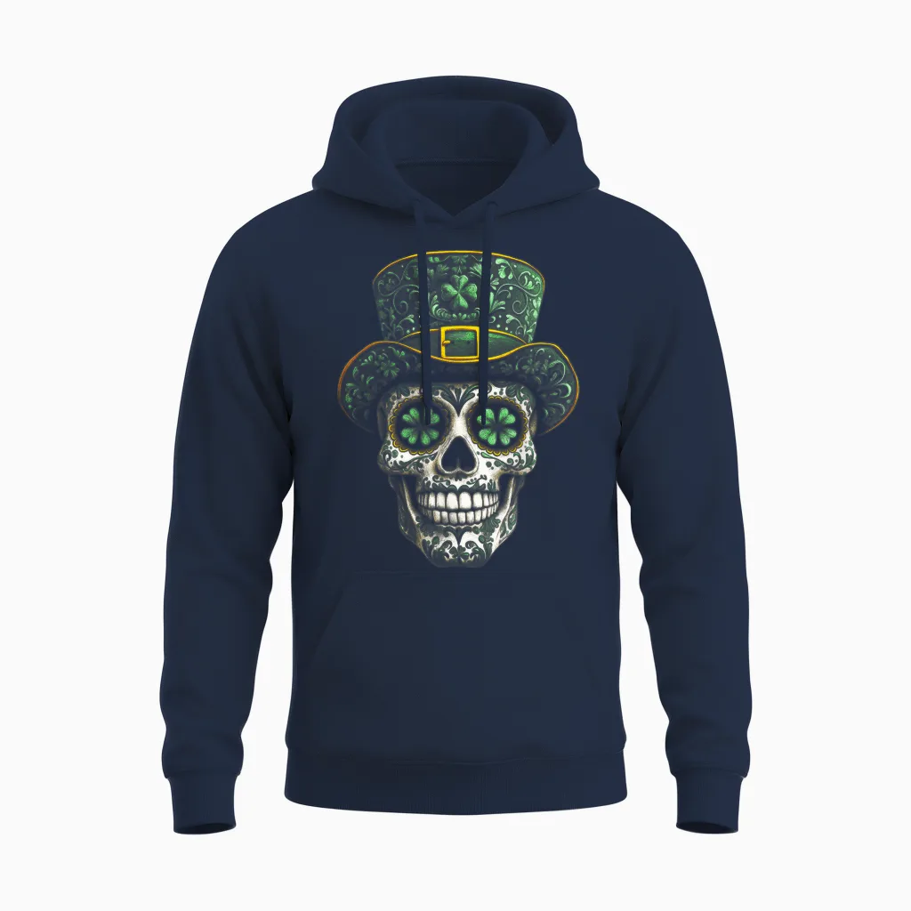 Sugar Skull St Patrick Day of the Dead Lucky Shamrock Clover Unisex Hoodie in Navy