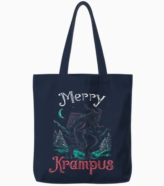 Classic Folklore Christmas Merry Krampus Festive Horror Xmas Tote Bags in Navy