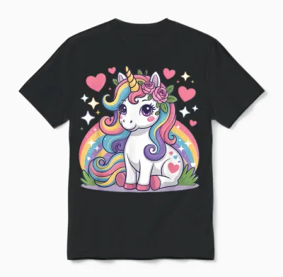 Super Cute Unicorn with Rainbow and Stars Unicorn Unisex T-Shirt - Black