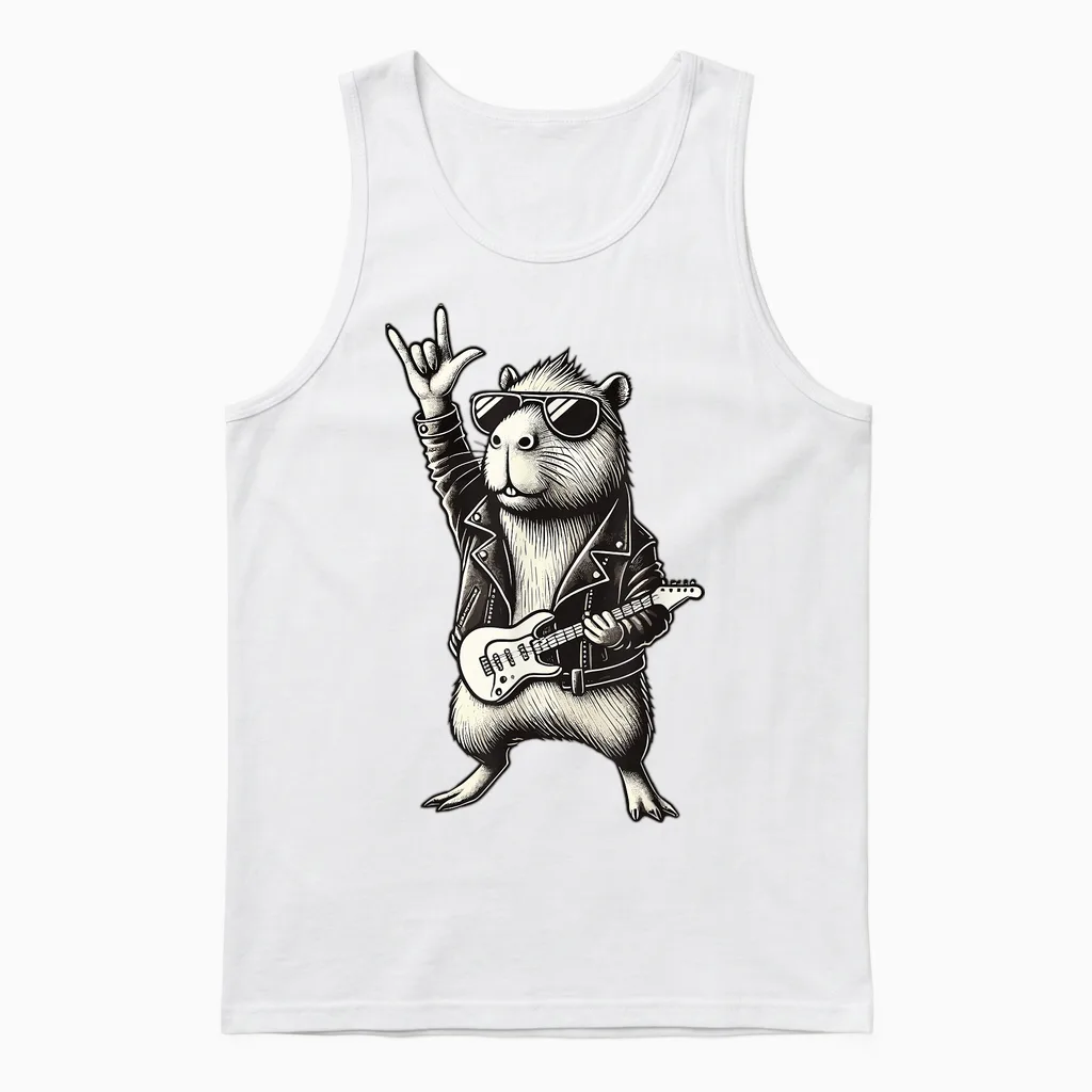 Rock and Heavy Metal Music, Capybara Rocker and Hand Guitar Rock Unisex Tank Top in White