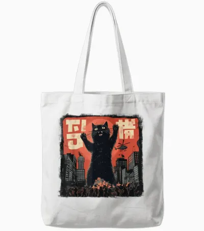 Vintage Japanese Cat Kaiju Monster Art Japan Retro Style T-Shirt, Black Tote Bags - White