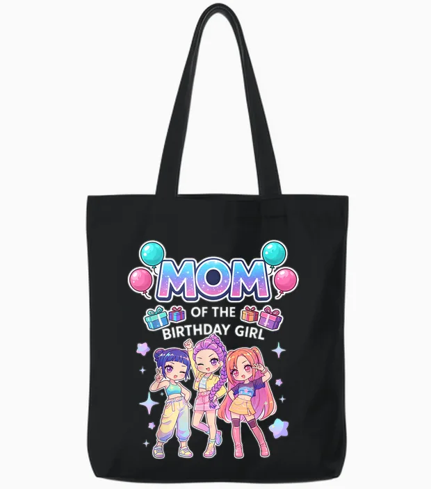 Mom of the Birthday Girl Cute Chibi Kpop Funny Korean Pop Tote Bags in Black