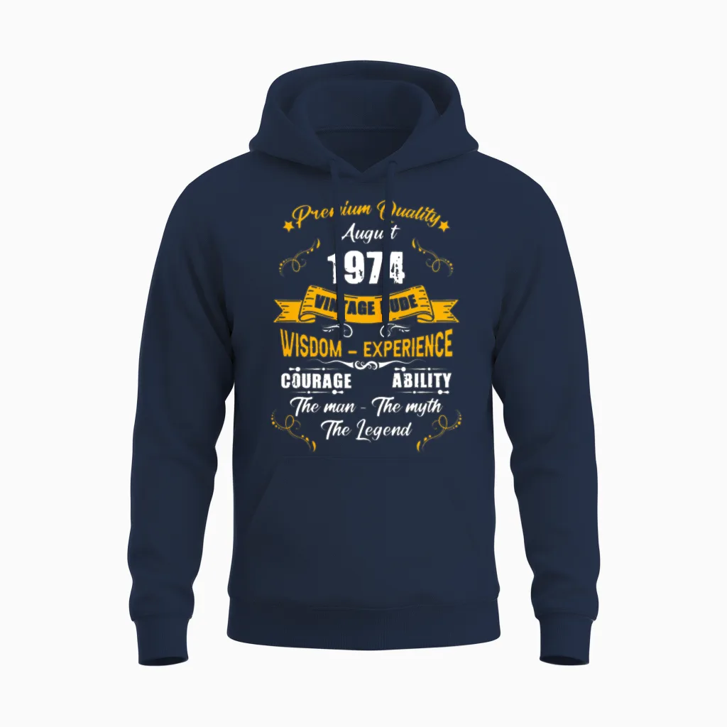 August 1974 Vintage Birthday Present Unisex Hoodie in Navy