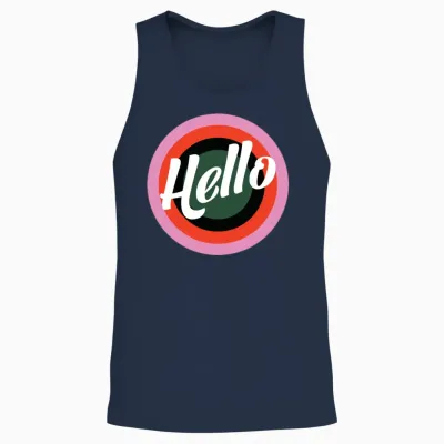Hello Retro Print on Black Unisex Tank Top - Navy