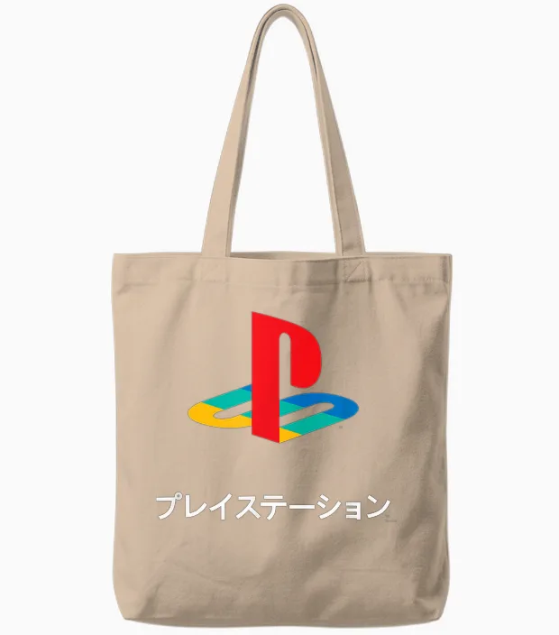 Playstation Full Color Logo with Kanji Modern Video Game Tote Bags in Natural