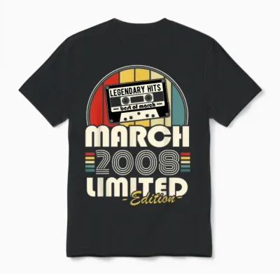 Vintage Birthday 18 Years Born in March 2008 Boys Girls Unisex T-Shirt - Black