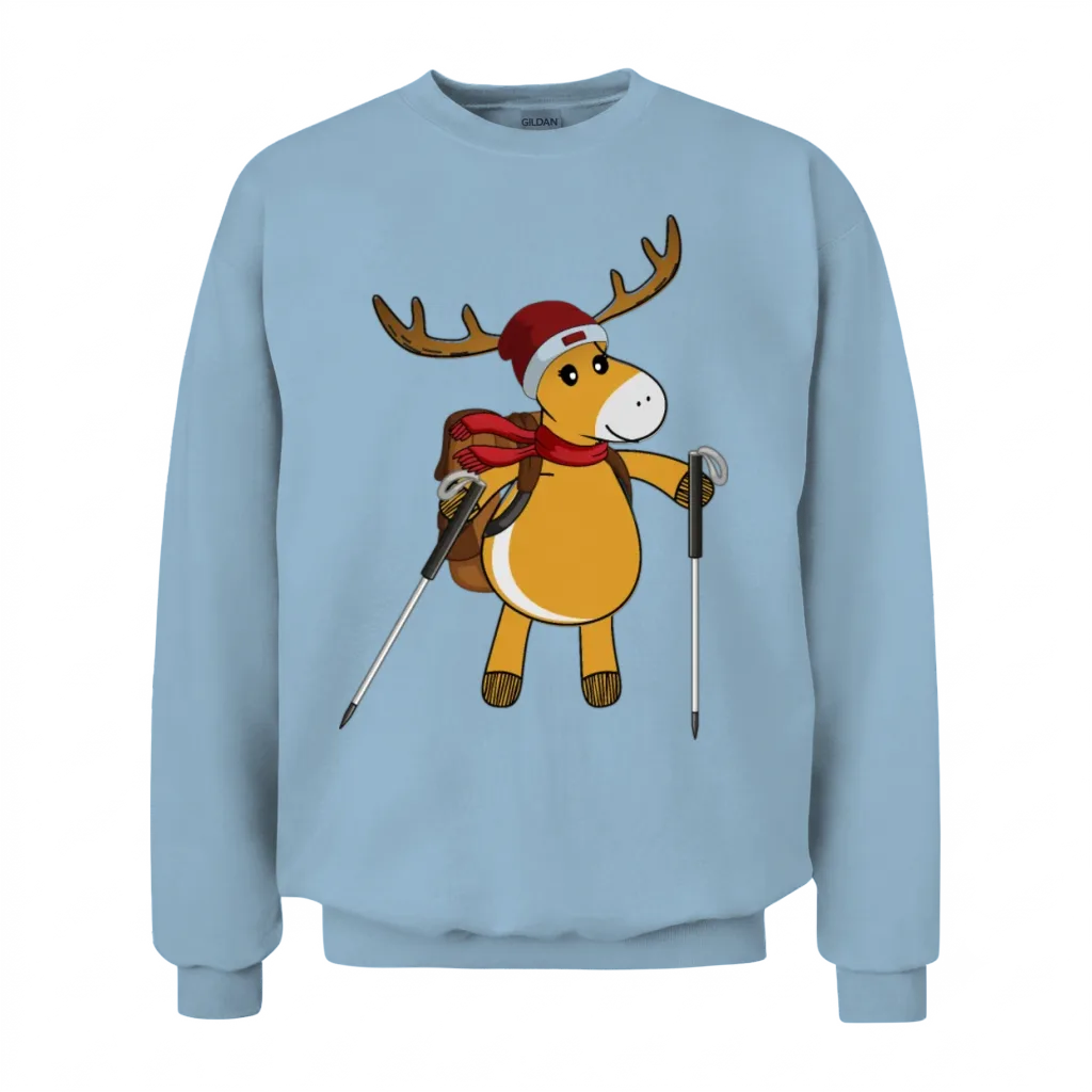 Cute Reindeer Hiking in the Mountains Unisex Sweatshirt - Light Blue