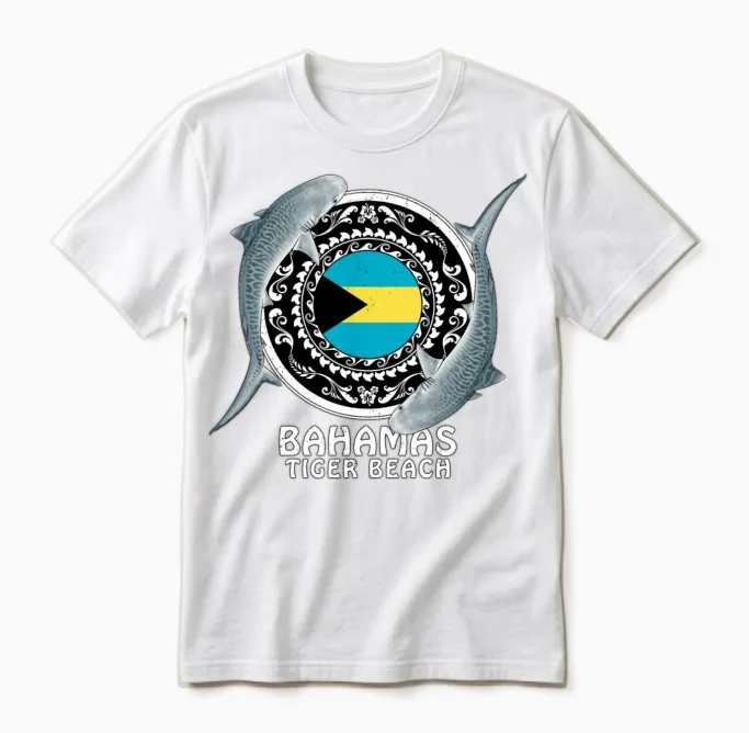Tiger Beach Bahamas Flag Tiger Shark Bull Shark Unisex T-Shirt in White