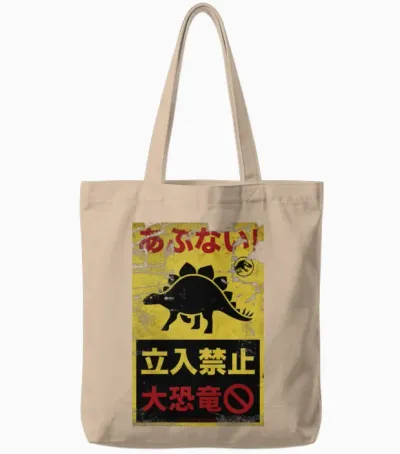 Jurassic World Warning Sign Stegosaurus Tote Bags - Natural