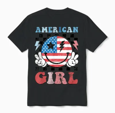 American Girl Toddler Teens Kids 4th of July Patriotic Unisex T-Shirt - Black