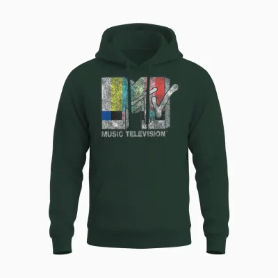 Mtv Classic Fit Black T-Shirt - Vintage Tv Signal Logo, 100% Cotton, Adult Short Sleeve Unisex Hoodie - Forest