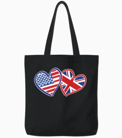 American Uk Flag Heart Design Tote Bags - Black