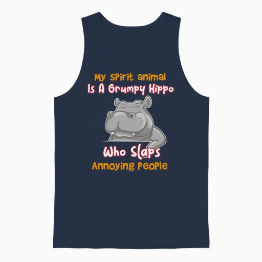 Funny Grumpy Hippo Unisex Tank Top in Navy