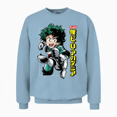 My Hero Academia Deku Action Pose with Kanji Anime Unisex Sweatshirt - Light Blue