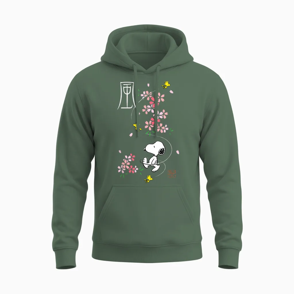 Peanuts Snoopy & Woodstock Japanese Cherry Blossoms T-Shirt, Blue, S Unisex Hoodie in Military Green