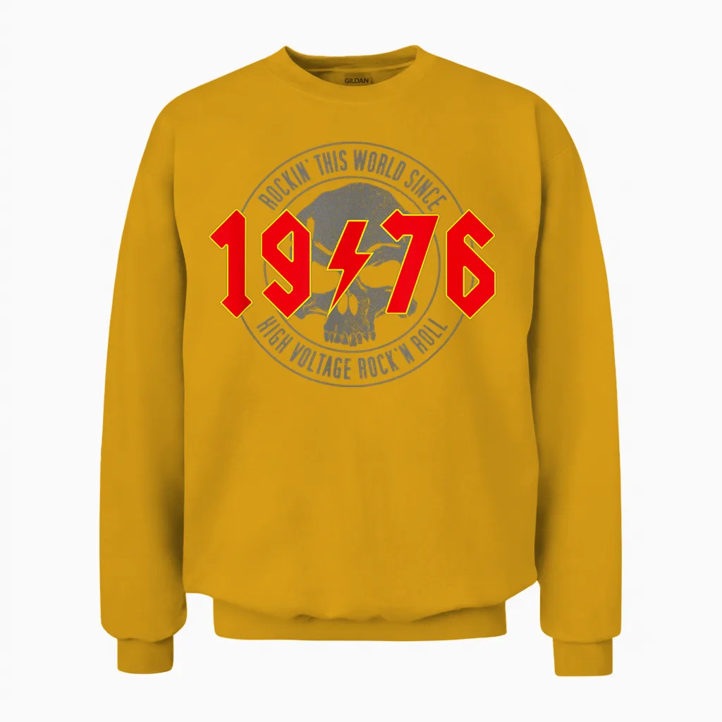 1976 Vintage Birthday Rock and Roll Heavy Metal T-Shirt, Black Unisex Sweatshirt in Gold