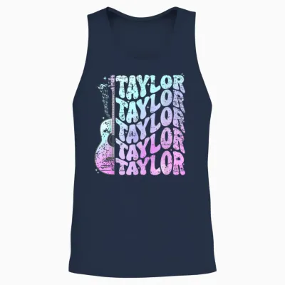 Girl Retro Taylor First Name Personalized Groovy 80's Pink Unisex Tank Top - Navy