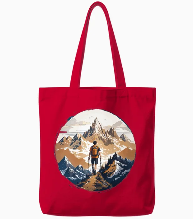 Man Hiking with Dog Lovers Tote Bags in Red