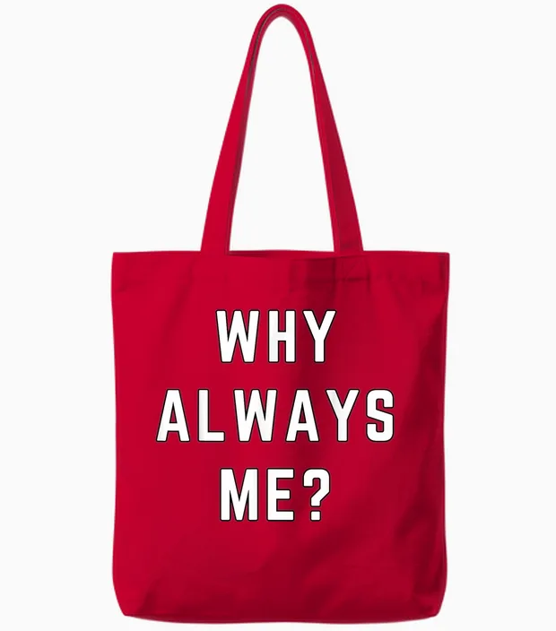 Why Always Me Funny Sarcastic Epic Football Celebration Joke Tote Bags in Red