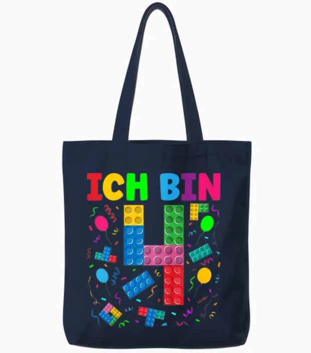 Children's T-Shirt with German Text "ich Bin 4 Building Blocks" 4th Birthday Boy Building Blocks, Black Tote Bags in Navy