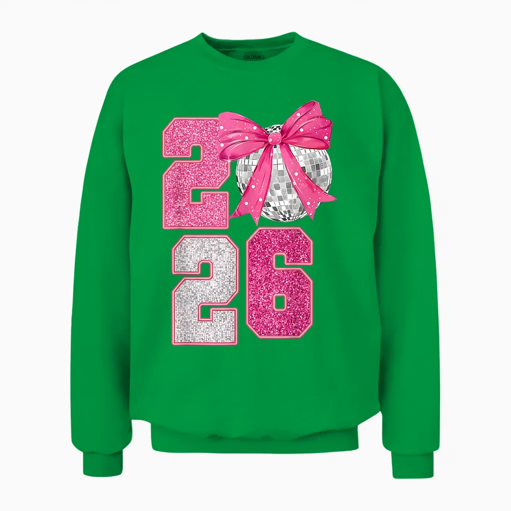 Happy New Year 2026 Disco Ball Pink Coquette Bow Family Unisex Sweatshirt in Irish Green