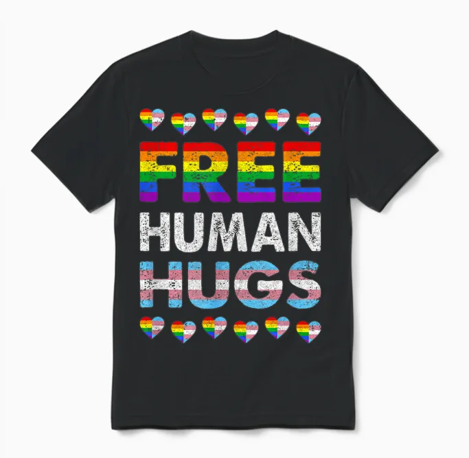 Free Human Hugs Rainbow Lgbtq Gay Pride Month, Fier Allié Unisex T-Shirt in Black