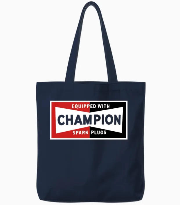 Champion Spark Plugs Black Vintage Sign Racer Hot Tote Bags in Navy