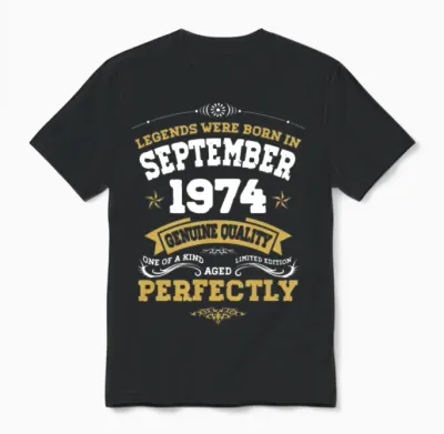 Vintage Aged to Perfection September 1974 Unisex T-Shirt - Black