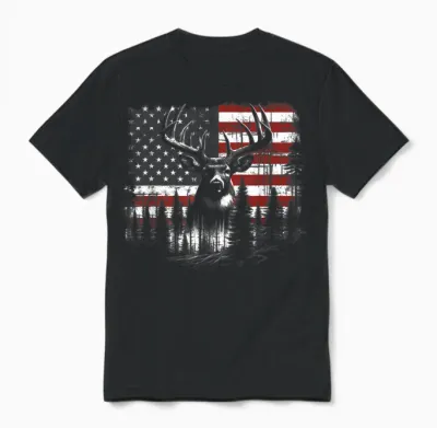 Deer Hunting American Flag Whitetail Buck Antlers Unisex T-Shirt - Black