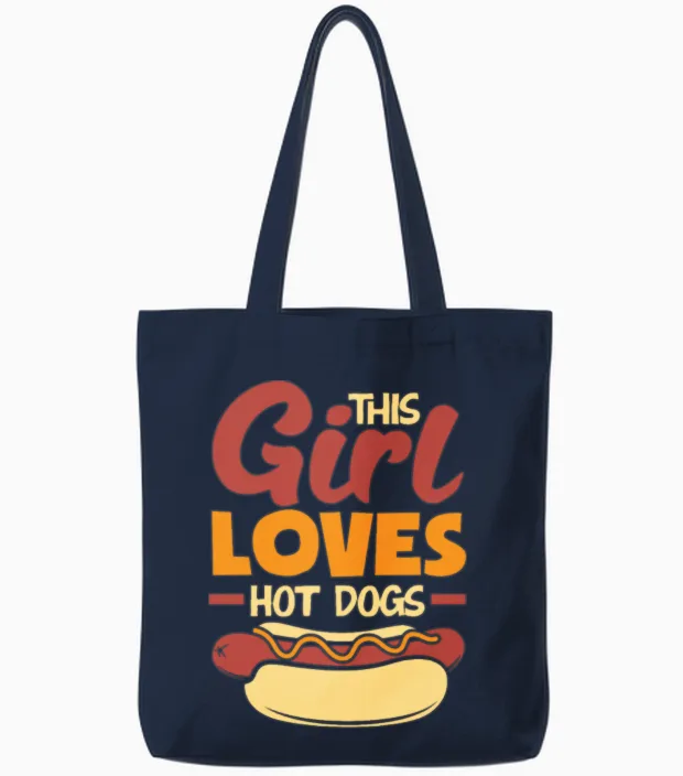 This Girl Loves Hot Dogs Fun Statement Tote Bags in Navy