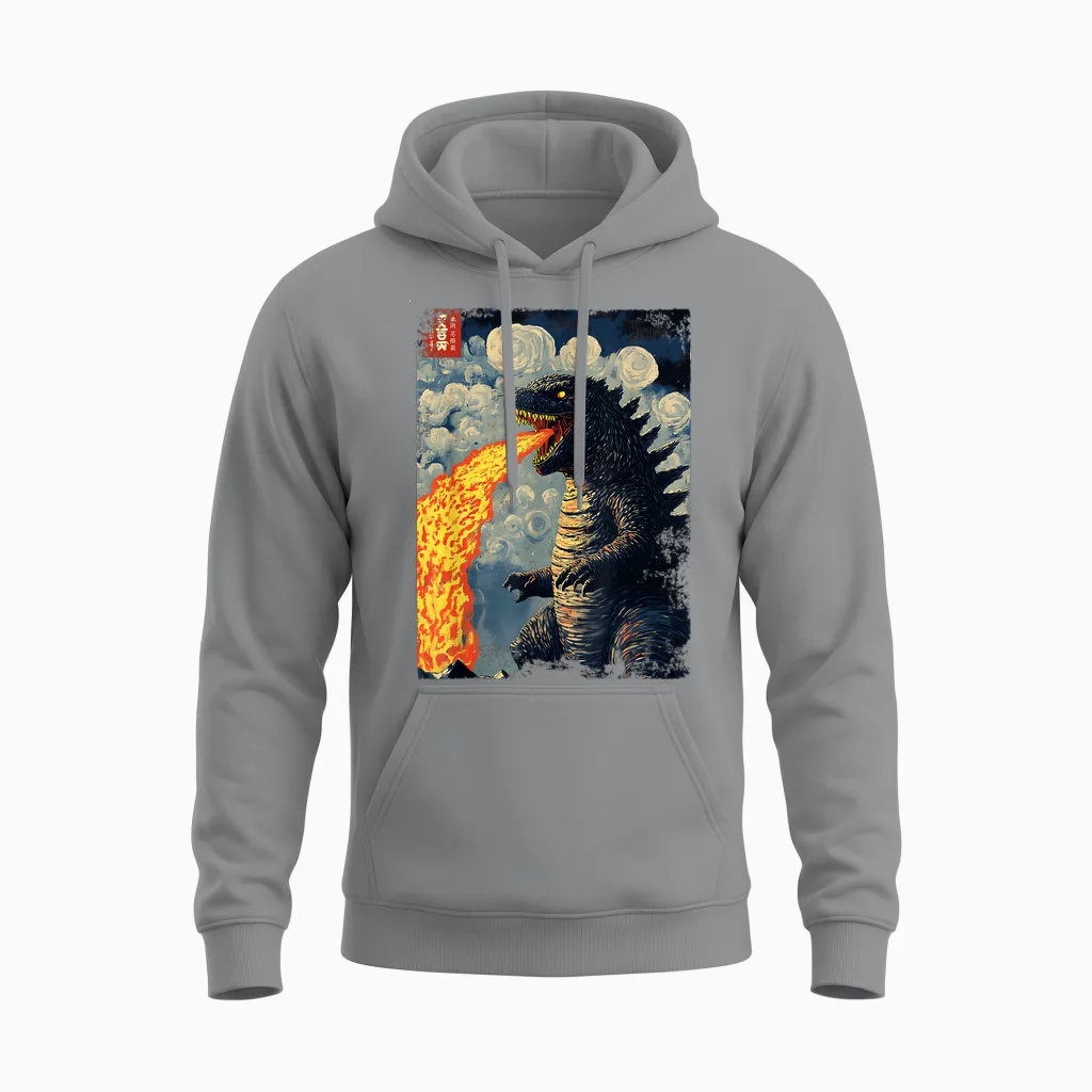 Scary Movie Graphic Kaiju Japanese Vintage Funny Unisex Hoodie in Sport Grey