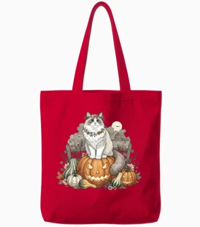Cut Ragdoll Cat Pumpkin Patch Halloween Tote Bags - Red