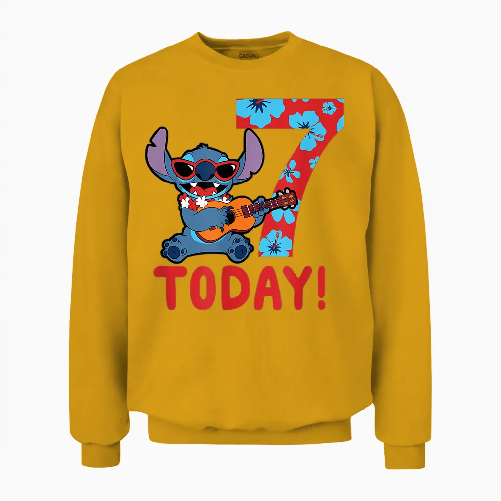 Children's Disney Lilo & Stitch Tropical Birthday 7 Years Old Today T-Shirt, Black Unisex Sweatshirt in Gold
