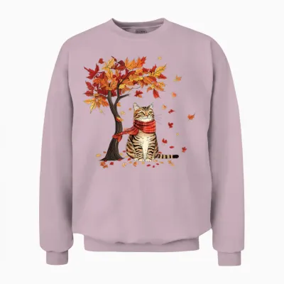 Cat Leaf Fall Tree Hello Autumn Thanksgiving It's Fall Y'all Unisex Sweatshirt - Light Pink