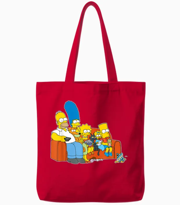 The Simpsons Homer Marge Maggie Bart Lisa Simpson Couch Tote Bags in Red