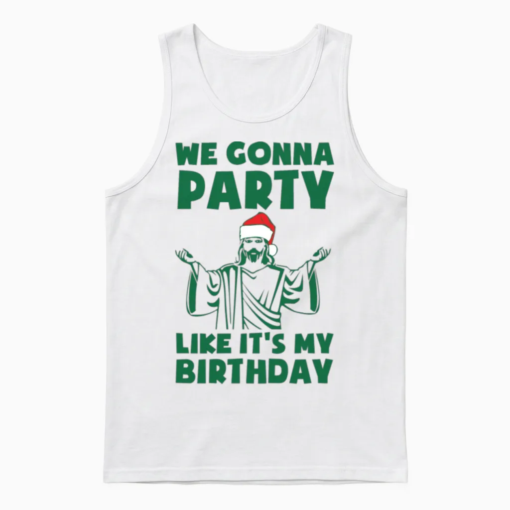Party Like It's a Christmas Birthday Unisex Tank Top in White