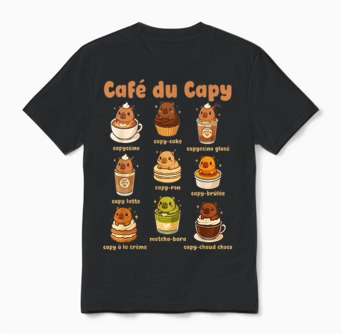 Capybara Coffee Cute Capybara Coffee Pun Kawaii Drink Art Unisex T-Shirt in Black