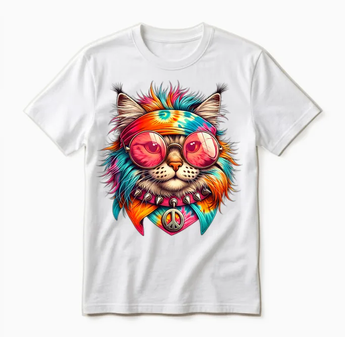 Psychedelic Cat Peace Colorful Hippie Retro Groovy Vibes T-Shirt, Black, S Unisex T-Shirt in White