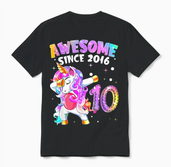 10e Anniversaire Licorne Fille 10 Ans Génial Depuis 2016 Unisex T-Shirt in Black