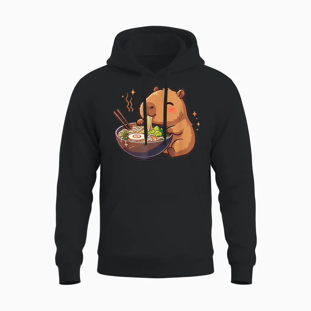 Capybara with Noodles Ramen Kawaii Capybara Unisex Hoodie in Black